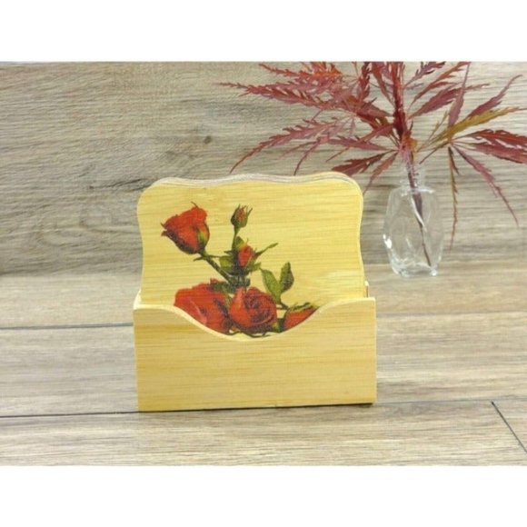 Coaster Set Wooden Flowers Drinks Coaster w/Holder Home Housewarming Gift VTG - Picture 3 of 7